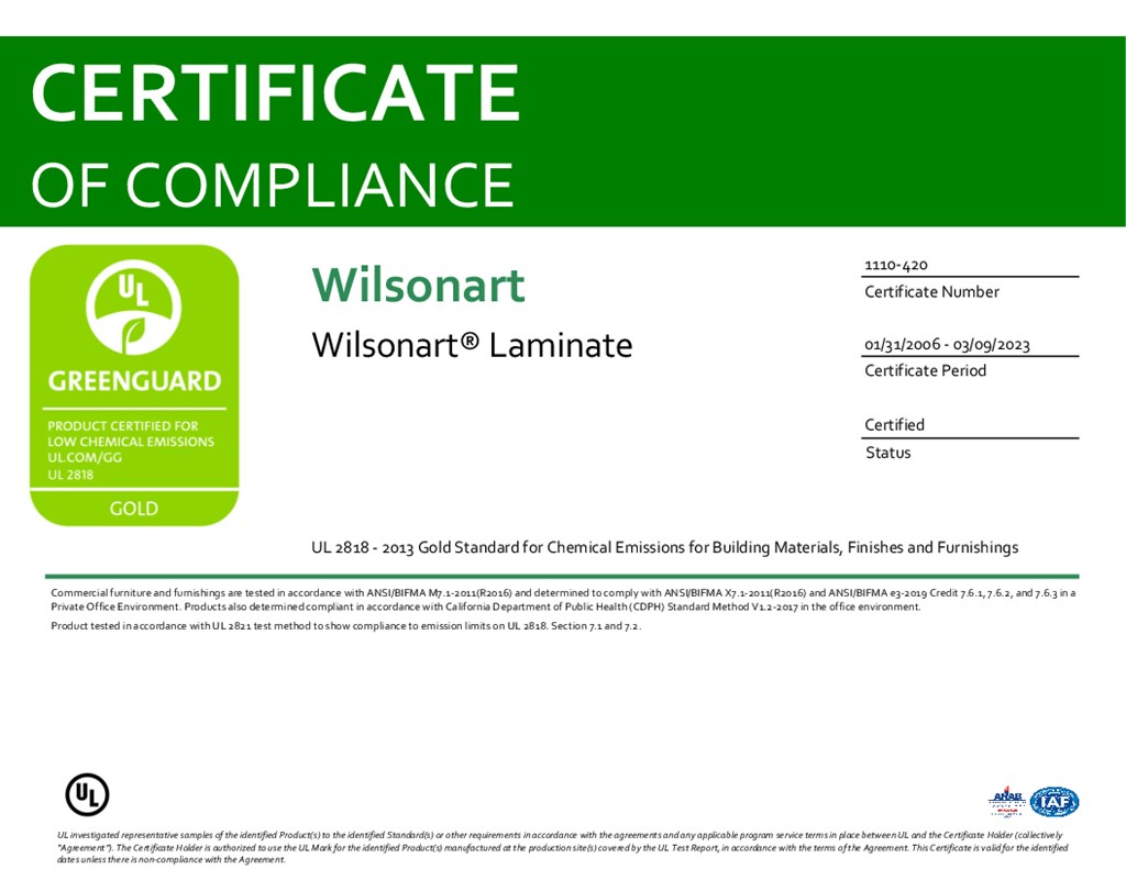 Wilsonart Greenguard Gold Certificate