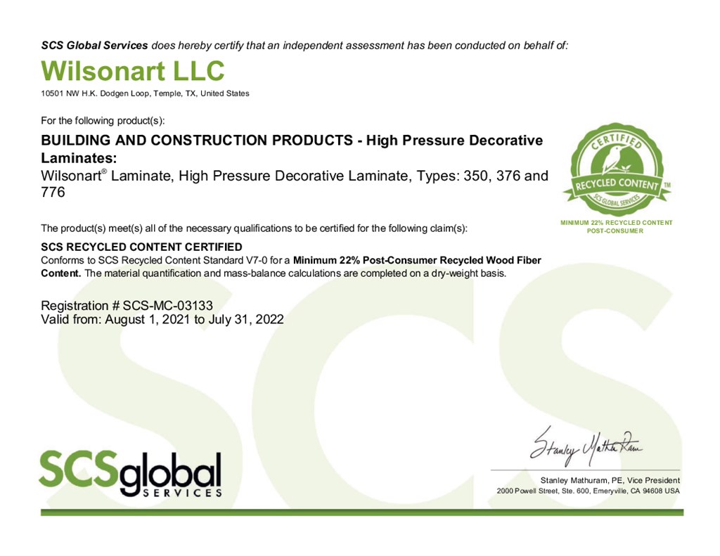 Wilsonart Recycled Content certificate