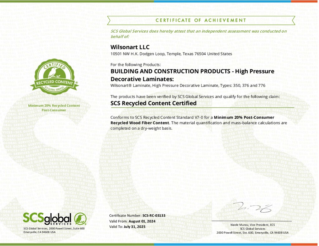 Wilsonart Recycled Content certificate