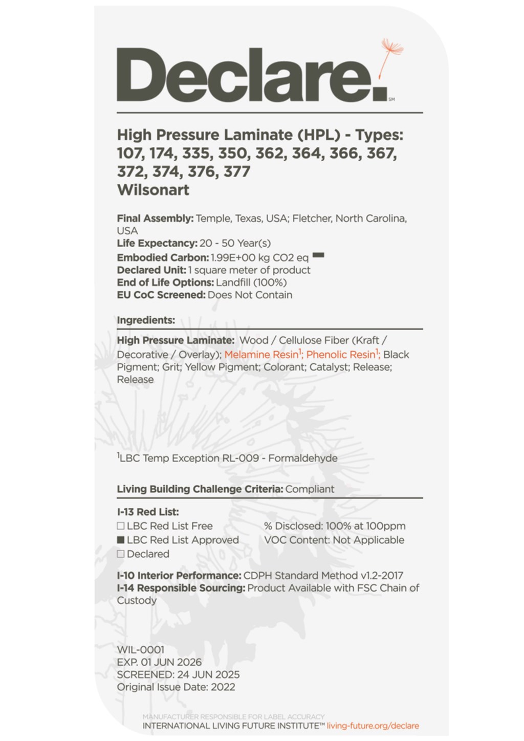 Wilsonart HPL Declare certificate