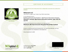 Wilsonart Recycled Content certificate
